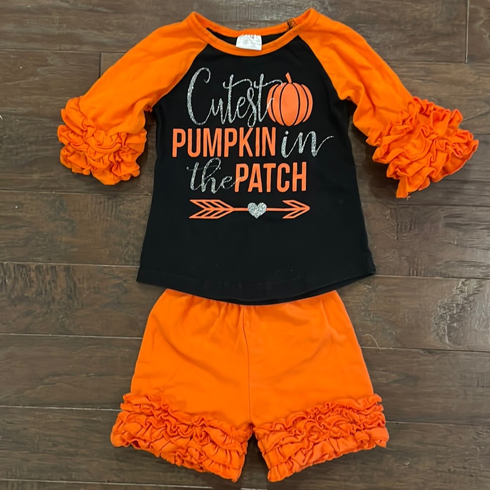 Halloween Pumpkin Ruffle Outfit Shirt and Shorts Girl 12M